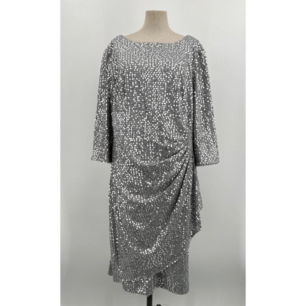 Alex Evenings Silver Sequin Covered Draped Hip Dress Size 16W